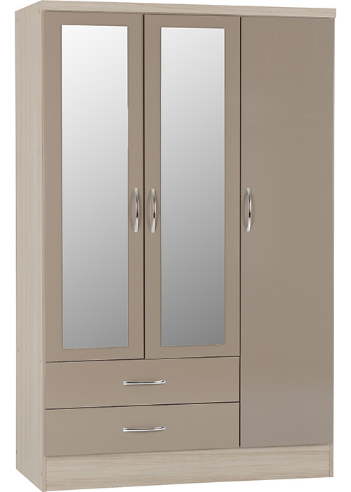 Nevada 3 Door 2 Drawer Mirrored Wardrobe In Oyster Gloss & Oak - Click Image to Close